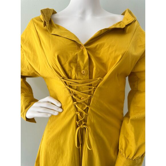 Haute Monde Yellow Corset Lace Up Button Down Mini Shirt Dress size Medium - Picture 7 of 8